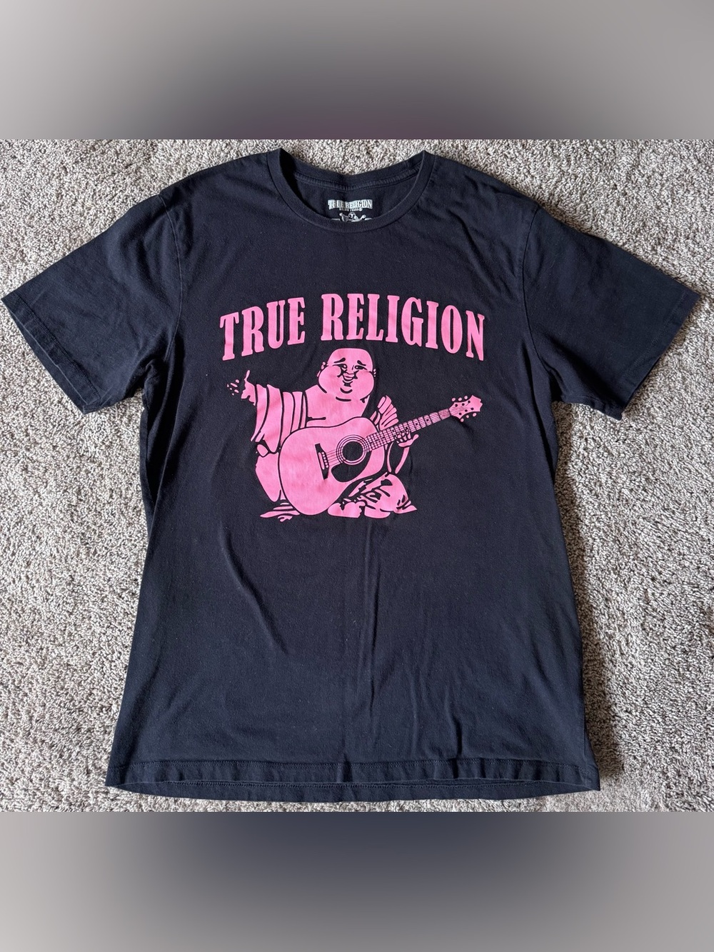 True Religion Black Tee with Pink Buddha Graphic